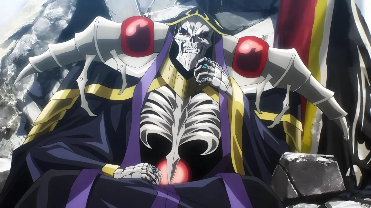 10 Anime Where the Main Character Is the Villain The skeletal overlord, Ainz Ooal Gown from Overlord, sitting on a throne amidst rubble, holding a blue orb in his hand.