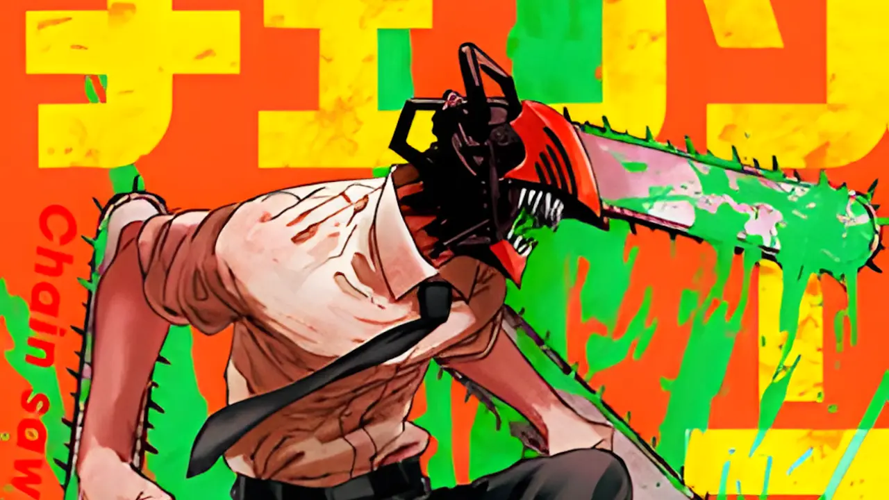 10 Anime Where the Main Character Is the Villain Chainsaw Man from the anime of the same name, in a white shirt and tie, with chainsaws for a head and arms, set against a vibrant orange and yellow background.