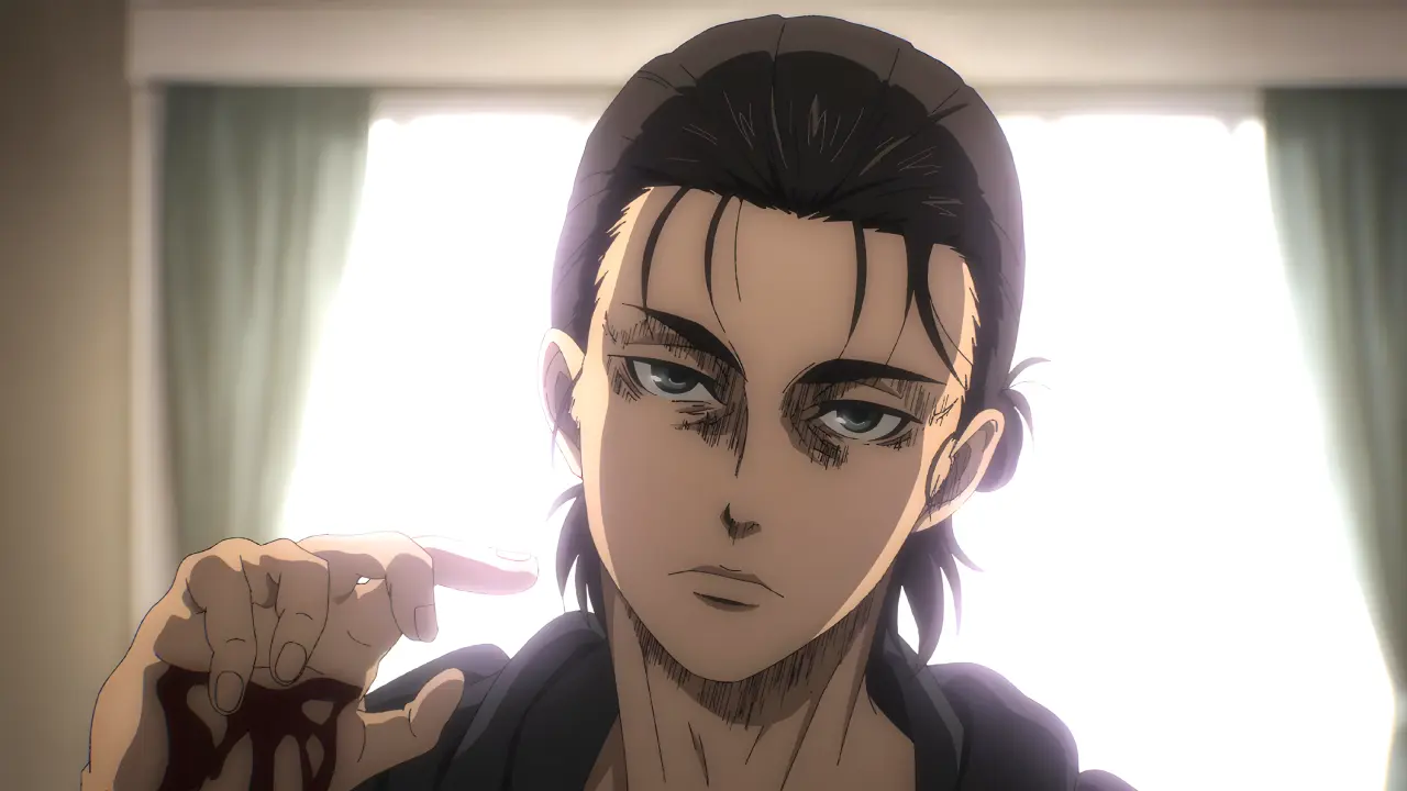 10 Anime Where the Main Character Is the Villain A weary-looking Eren Yeager from Attack on Titan with long hair, gazing forward as he holds up his hand, which is bleeding.