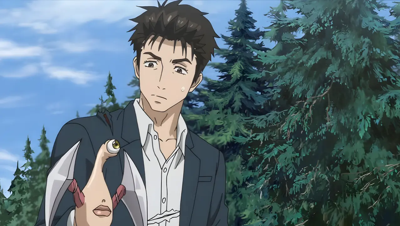 10 Anime Where the Main Character Is the Villain Shinichi Izumi from Parasyte: The Maxim, looking nervous as his right hand, Migi, transforms into a creature with an eye, a mouth, and blades.