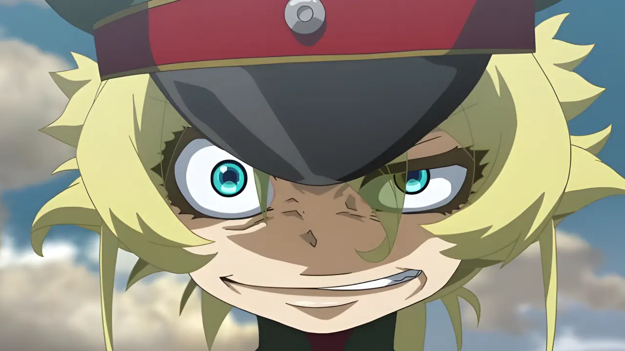 10 Anime Where the Main Character Is the Villain A close-up of Tanya von Degurechaff from The Saga of Tanya the Evil, wearing a military cap and grinning maniacally with wide, bright blue eyes.