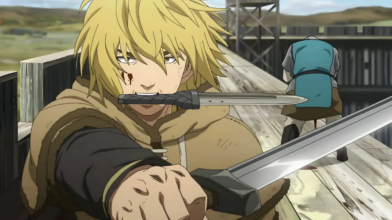 10 Anime Where the Main Character Is the Villain A young Thorfinn from Vinland Saga in a battle stance on a wooden deck, holding one dagger in his hand and another in his mouth.