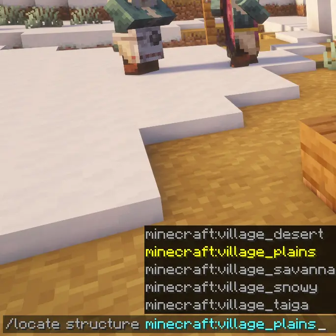 Minecraft locate structure village command typed in chat to find village coordinates