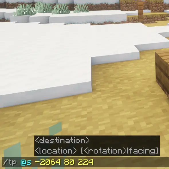 Minecraft tp command example used to teleport to village coordinates