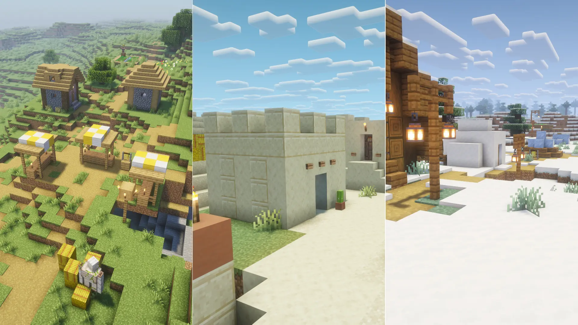 Different Minecraft village types including plains desert and snowy village biomes
