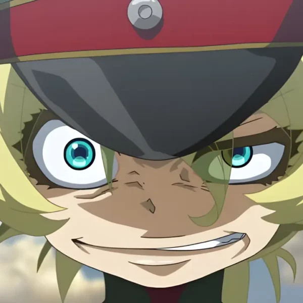 A close-up of Tanya von Degurechaff from The Saga of Tanya the Evil, wearing a military cap and grinning maniacally with wide, bright blue eyes.