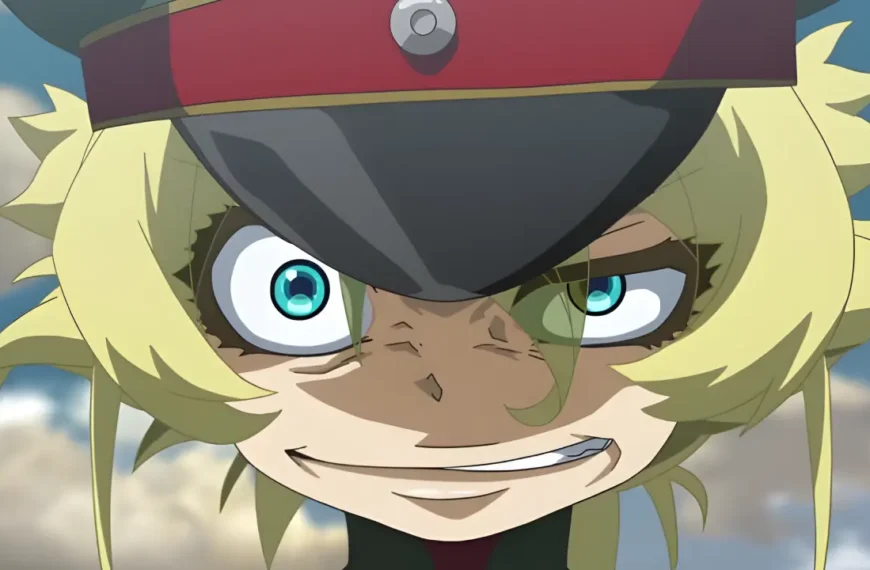 A close-up of Tanya von Degurechaff from The Saga of Tanya the Evil, wearing a military cap and grinning maniacally with wide, bright blue eyes.
