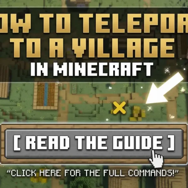 Tutorial graphic for Minecraft showing how to teleport to a village, featuring a top-down view of a village, an ender pearl icon, and a clickable Read the Guide button in Minecraft font.