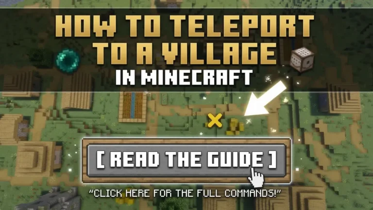Tutorial graphic for Minecraft showing how to teleport to a village, featuring a top-down view of a village, an ender pearl icon, and a clickable Read the Guide button in Minecraft font.