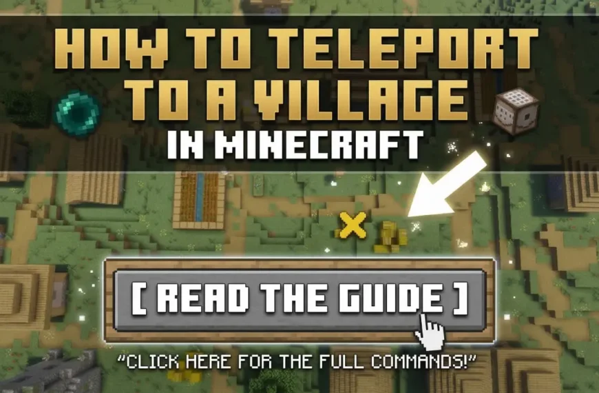 Tutorial graphic for Minecraft showing how to teleport to a village, featuring a top-down view of a village, an ender pearl icon, and a clickable Read the Guide button in Minecraft font.
