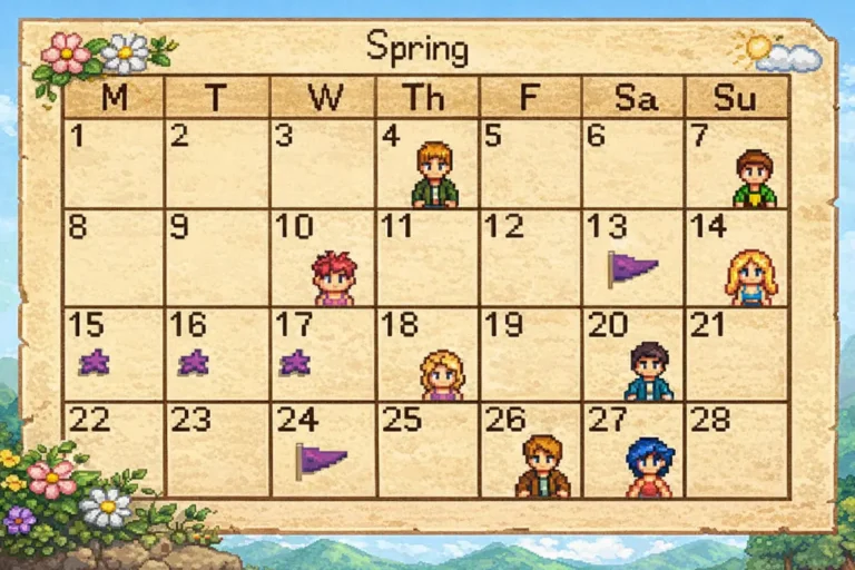 Stardew Valley calendar showing villager birthdays, festivals and seasonal events in pixel art style