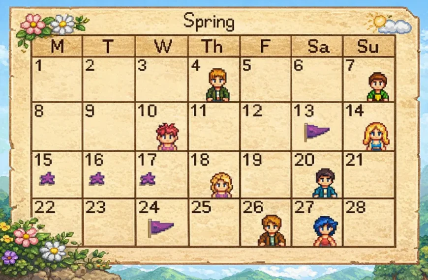 Stardew Valley calendar showing villager birthdays, festivals and seasonal events in pixel art style